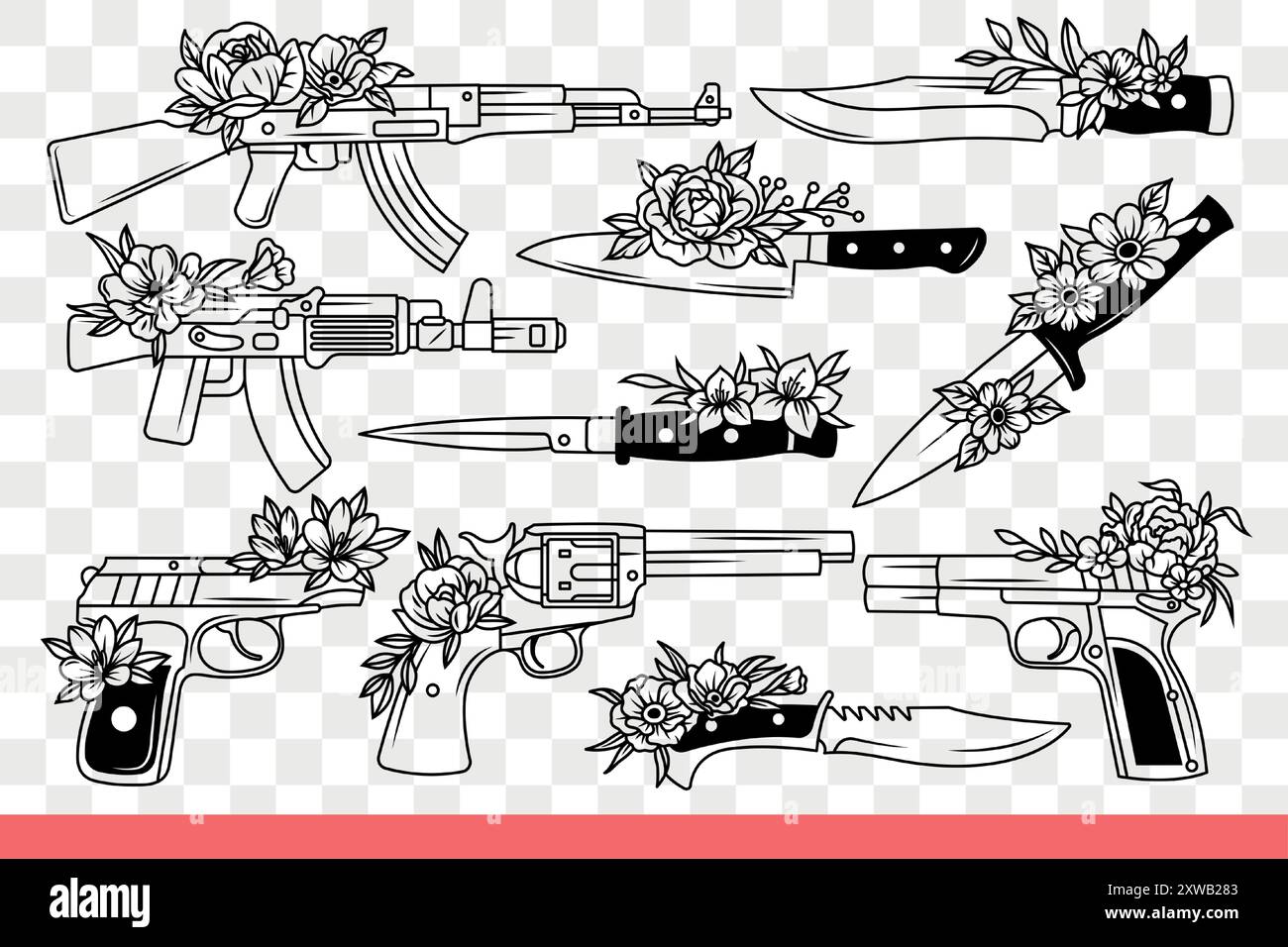 Armi da fuoco e armi a lama per soldati che usano pistole, coltelli o fucili. I fucili automatici con pugnali sono decorati con fiori primaverili e sono progettati per autodifesa. Scarabocchio disegnato a mano Illustrazione Vettoriale