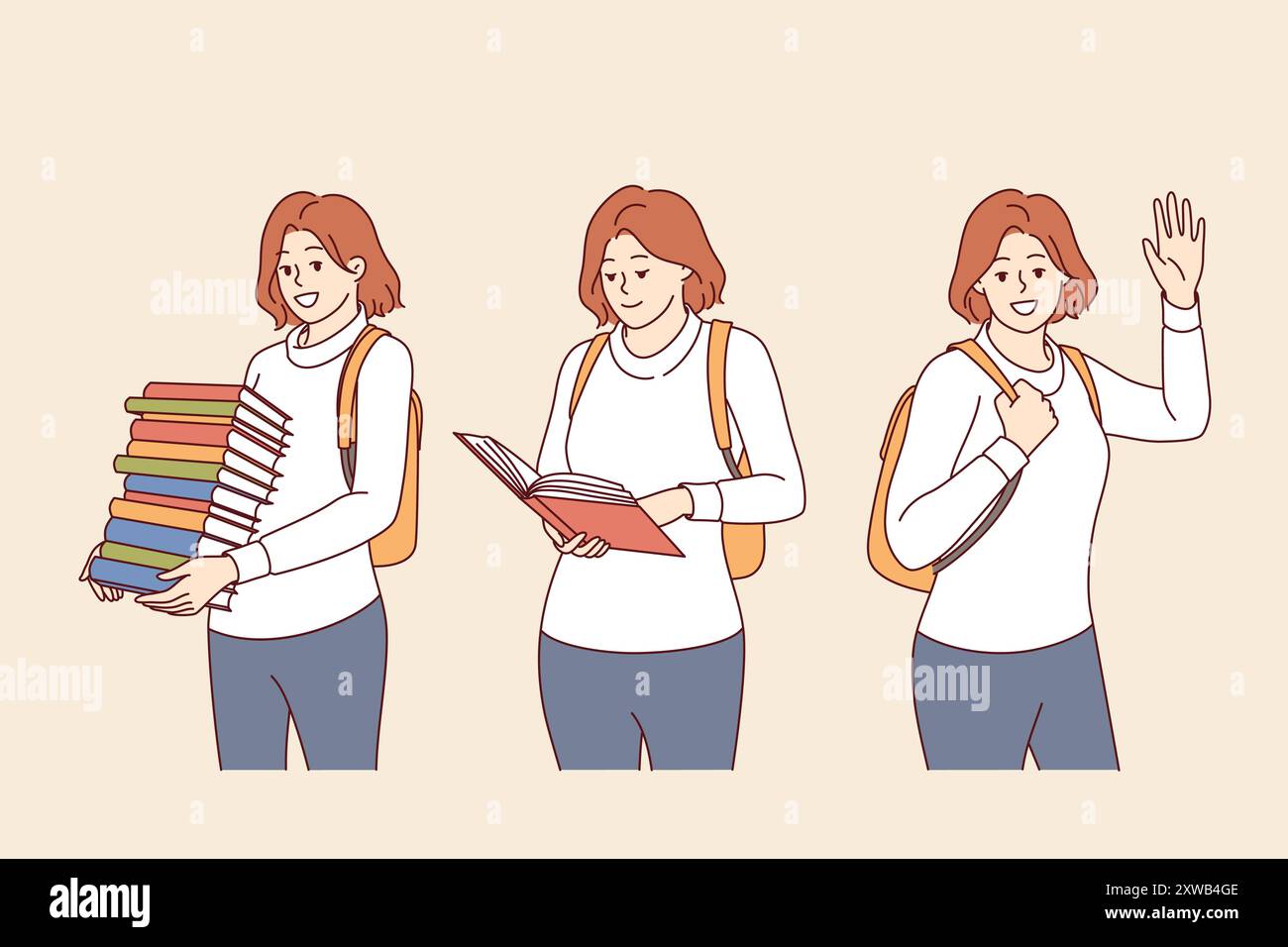 Una studentessa con dietro una pila di libri e zaino è pronta ad acquisire nuove conoscenze dalla letteratura. Una studentessa del liceo ama leggere e imparare da sola per migliorare l'intelligenza Illustrazione Vettoriale