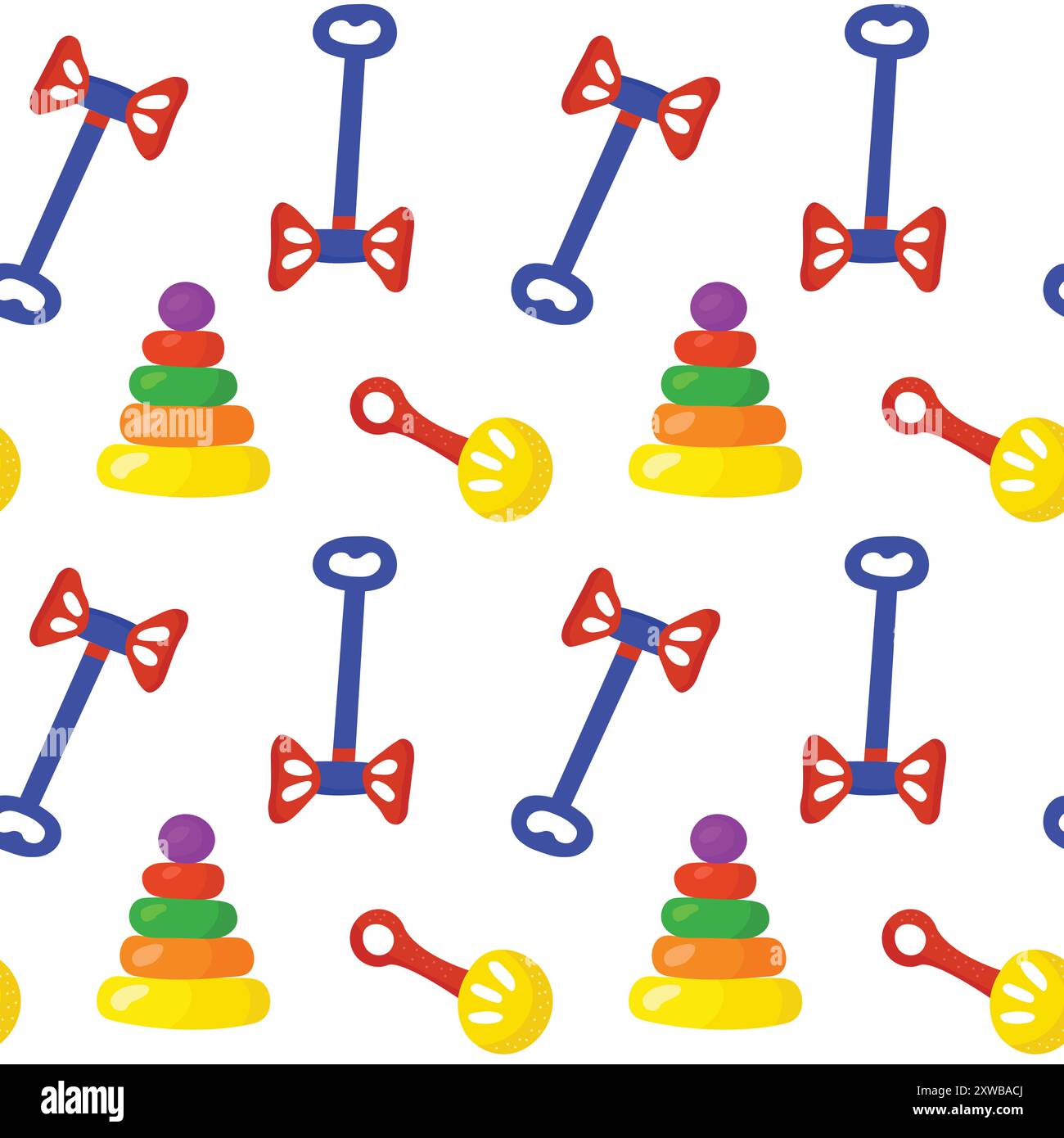 Giocattoli per bambini motivo senza cuciture colorato in stile cartone animato illustrazione piatta. Illustrazione Vettoriale