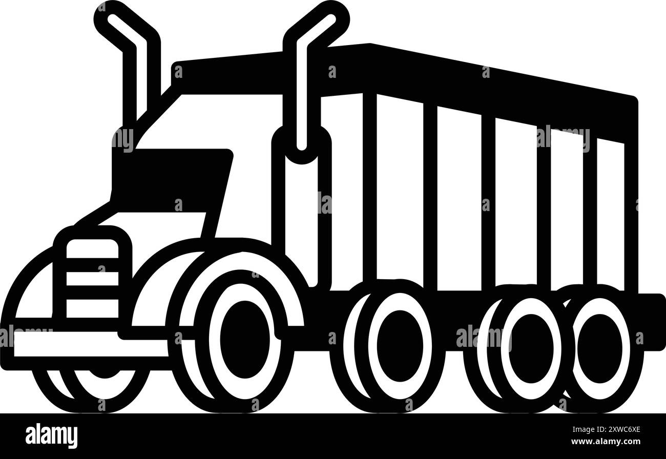 Un disegno in bianco e nero di un semi-camion. Il dumper è un cassone ribaltabile e ha un ampio pianale aperto Illustrazione Vettoriale