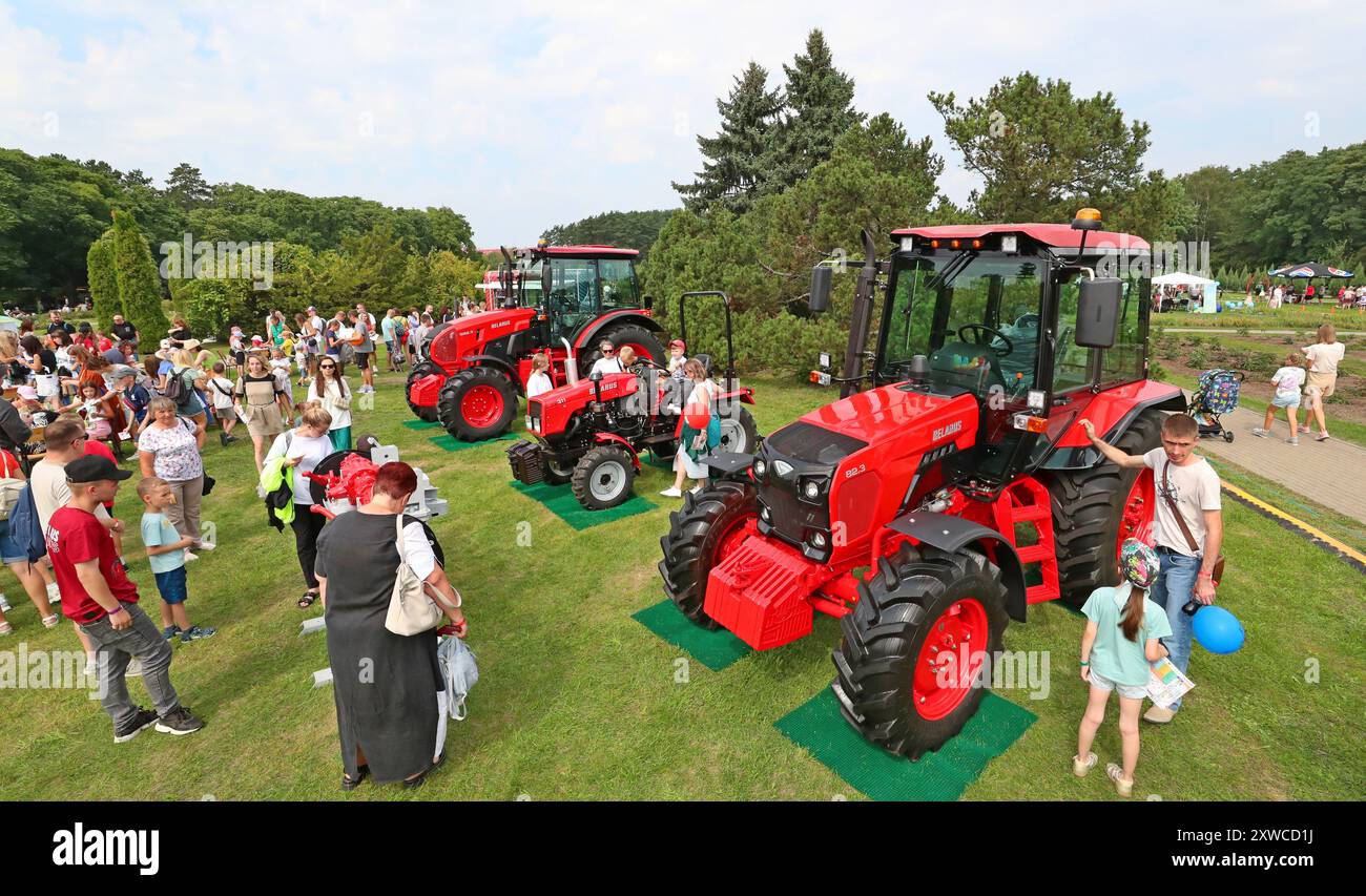 Minsk, Bielorussia. 17 agosto 2024. I bambini guardano i camion durante una professione che svolge attività a Minsk, Bielorussia, 17 agosto 2024. Crediti: Henadz Zhinkov/Xinhua/Alamy Live News Foto Stock