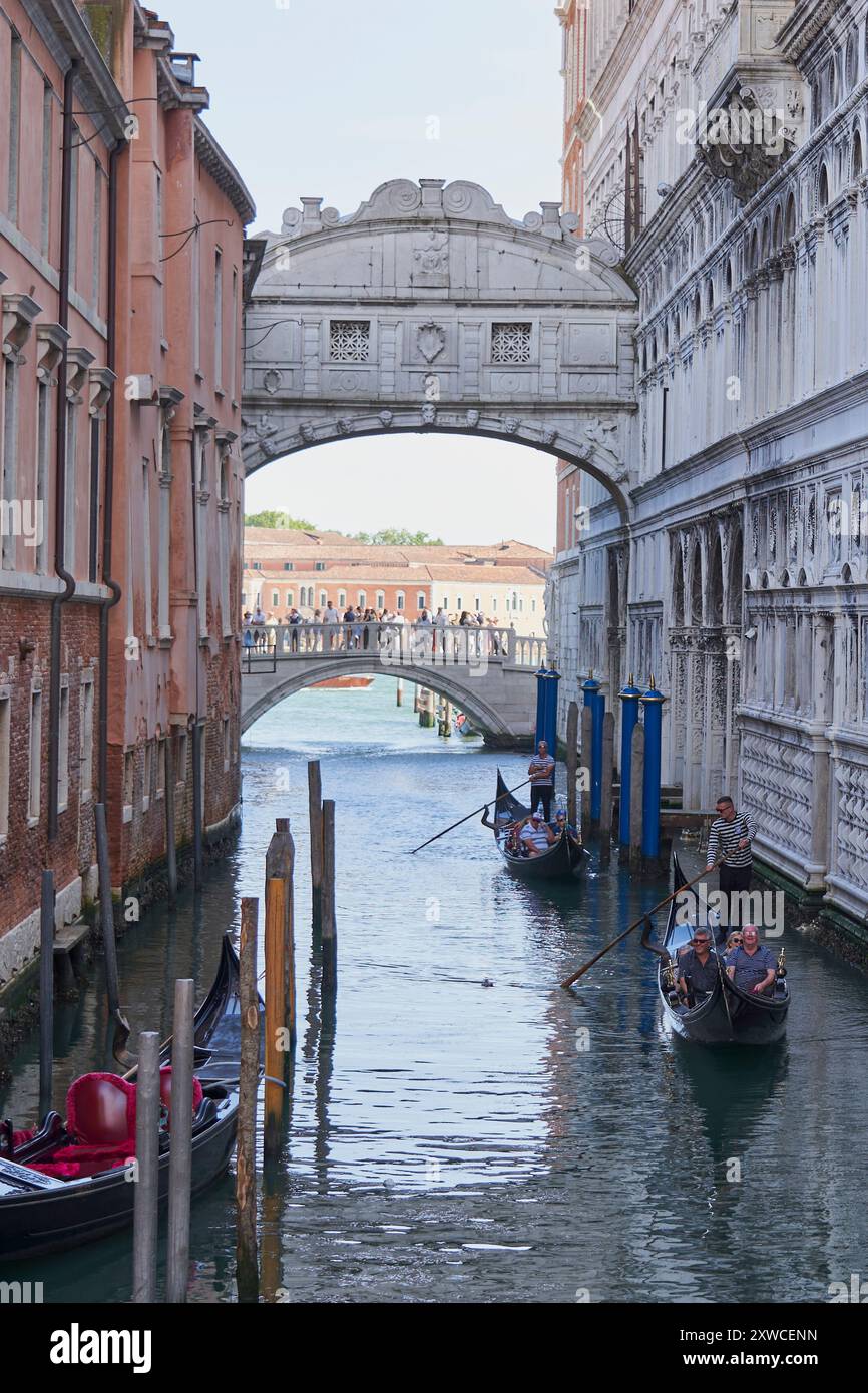 Il fascino del Canale di Venezia: Gondole e ponte Foto Stock