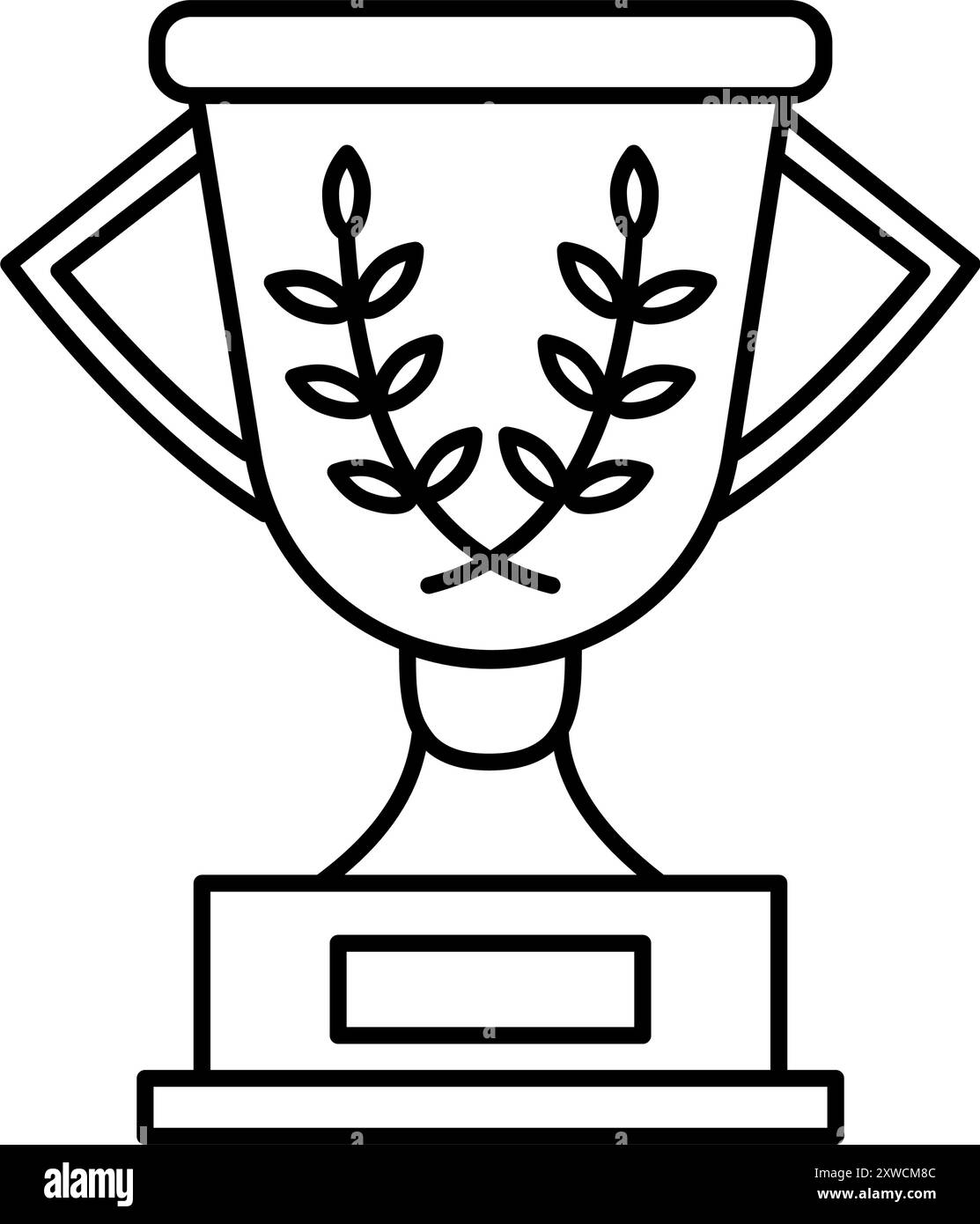 Semplice disegno di linea una coppa di trofeo con decorazioni a corona d'alloro. Un design in bianco e nero di un'icona di vittoria, successo ed eccellenza. Per lo sport Illustrazione Vettoriale