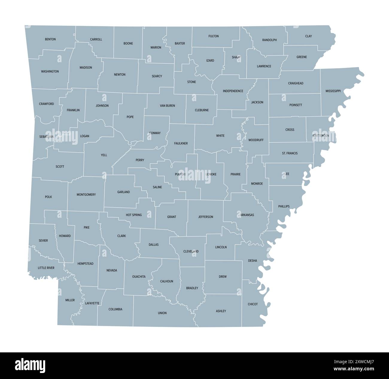 Arkansas, Stati Uniti, mappa politica grigia con i confini e i nomi delle contee. Stato nella regione centro-meridionale occidentale degli Stati Uniti meridionali. Foto Stock