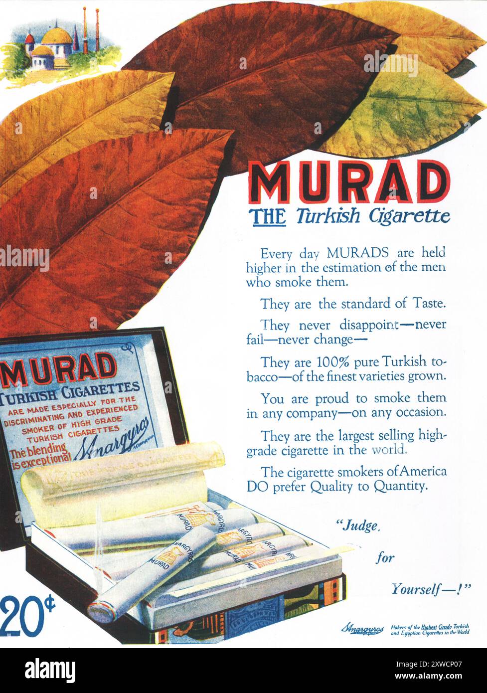 1920 Murad Turkish Cigarette S. Anargyros Egitto ad Foto Stock