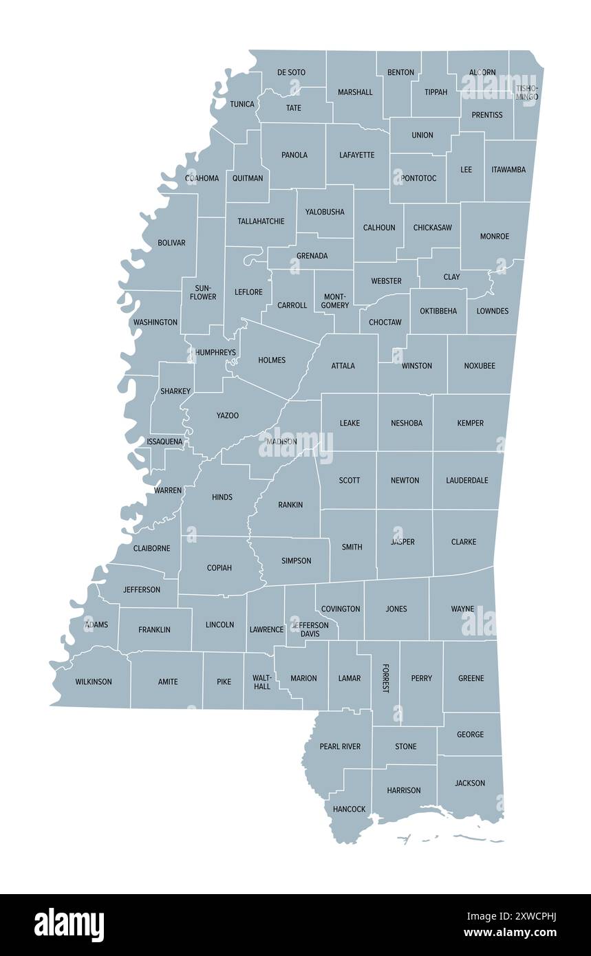 Mississippi, Stati Uniti, mappa politica grigia con i confini e i nomi delle contee. Stato nella regione sud-orientale degli Stati Uniti. Foto Stock