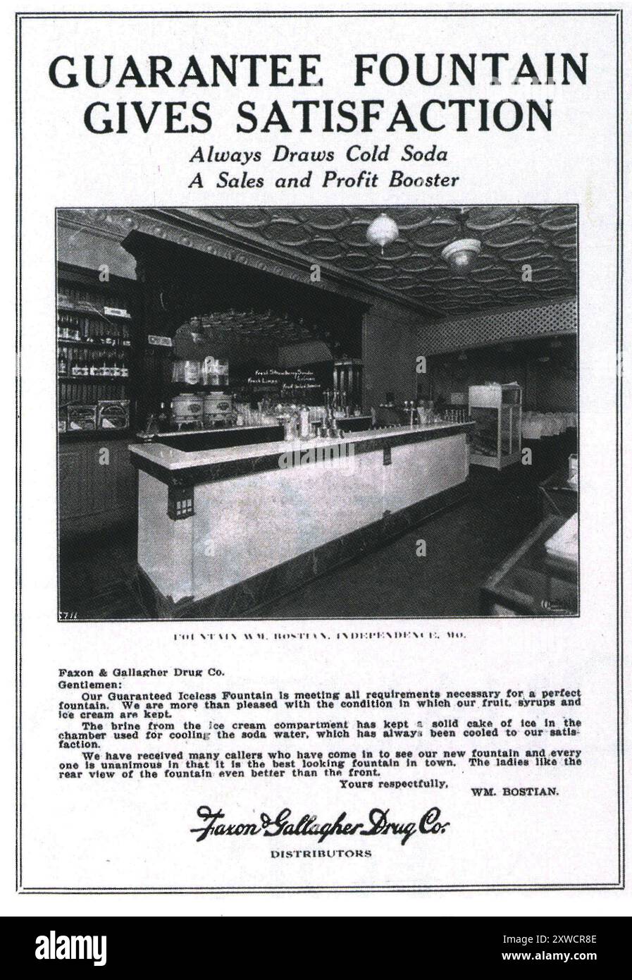 1923 Faxon & Gallagher Drug Co Kansas annuncio - banco bar fontana senza ghiaccio Foto Stock