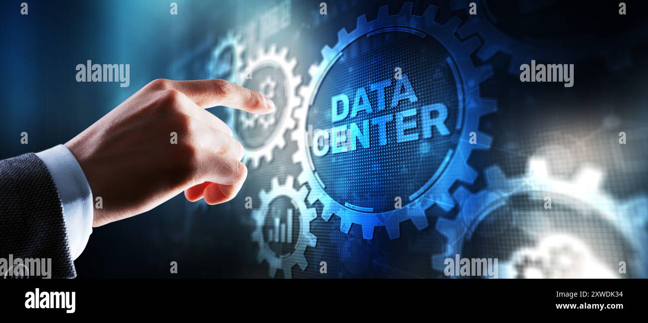 Iscrizione del data center su schermo virtuale. Nuovo sfondo di supporti misti astratti Foto Stock