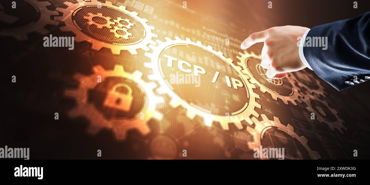 IP TCP. Modello di trasmissione dati di rete. Modello di rete per la trasmissione dei dati presentato in formato digitale Foto Stock