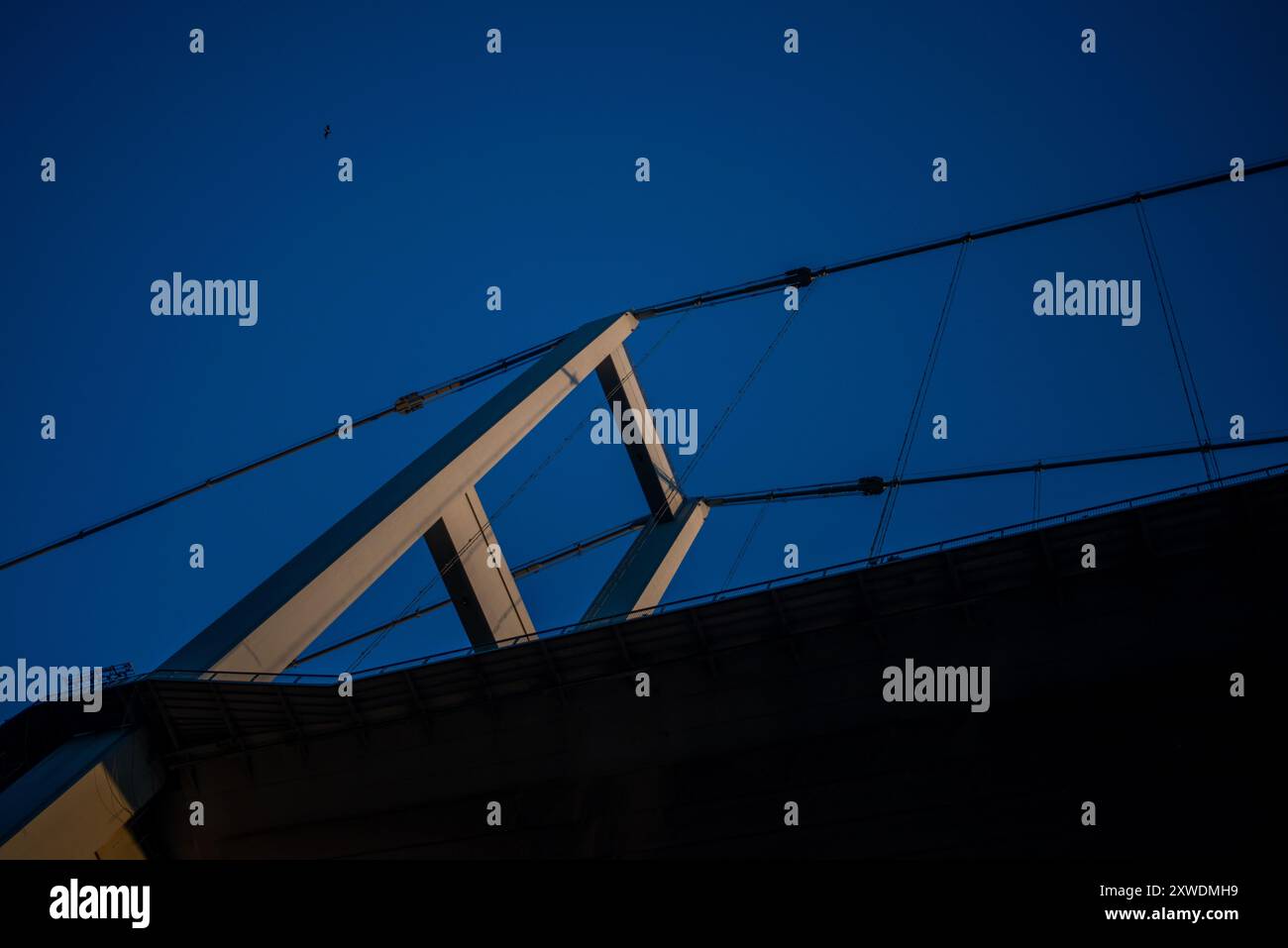 Una vista mozzafiato del Ponte sul Bosforo di Istanbul al tramonto, con il ponte che si staglia contro i colori vibranti del cielo, che si riflette sul Foto Stock