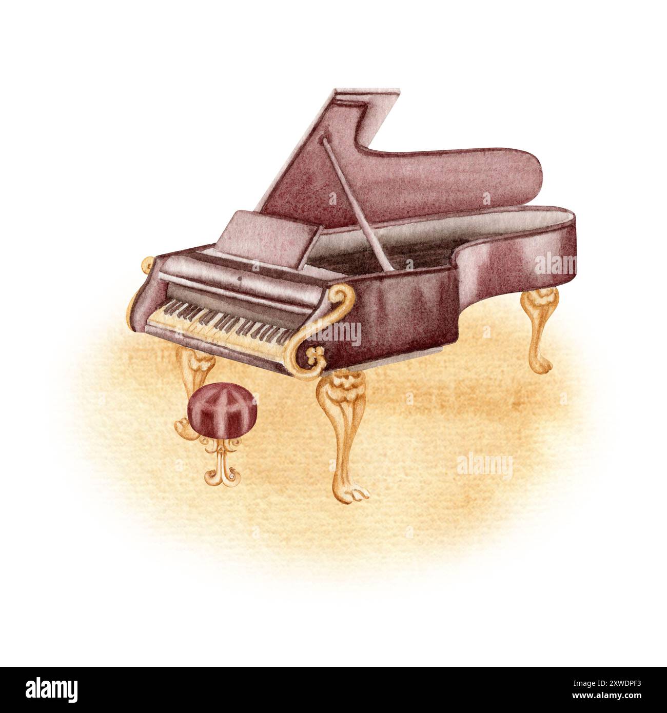 Classico strumento musicale a Grand piano. Antica tastiera vintage disegnata a mano per libri tutorial, poster di concerti, spartiti o volantini. Wate Foto Stock