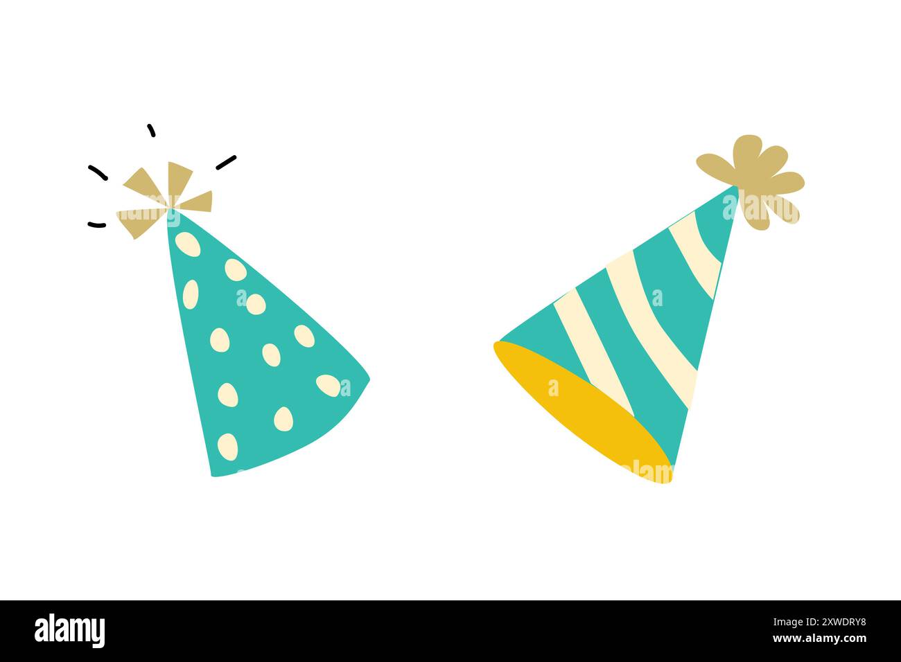 Set di icone di scarabocchi isolate. Adorabili copricapo da festa. Illustrazione vettoriale disegnata a mano. Colore verde o blu marino. Illustrazione Vettoriale