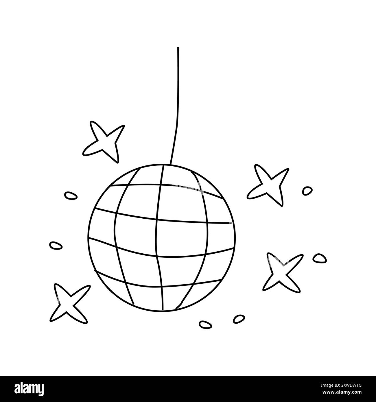 Doodle disco ball contorno icona isolata. Oggetto da festa con graziose stelle retrò degli anni '90. Può essere utilizzato per biglietti d'auguri, logo, inviti. Illustrazione Vettoriale