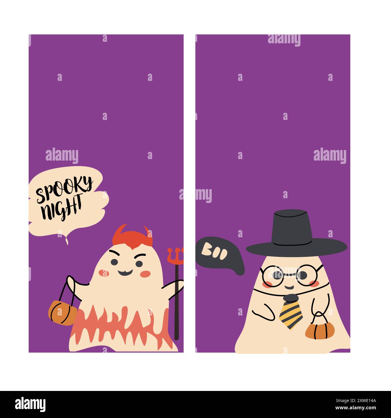 Le storie di Halloween sono ambientate. Illustrazioni fantasma per bambini in stile piatto. Scheda verticale o banner per il buon Halloween per i social media. Carini personaggi spettrali io Illustrazione Vettoriale