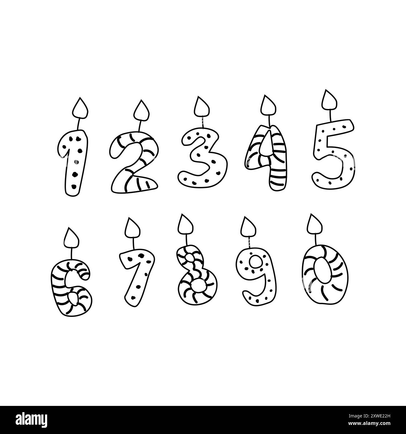 Numeri di candela Doodle disegnati a mano con strisce e punti. Semplice illustrazione vettoriale. Illustrazione Vettoriale