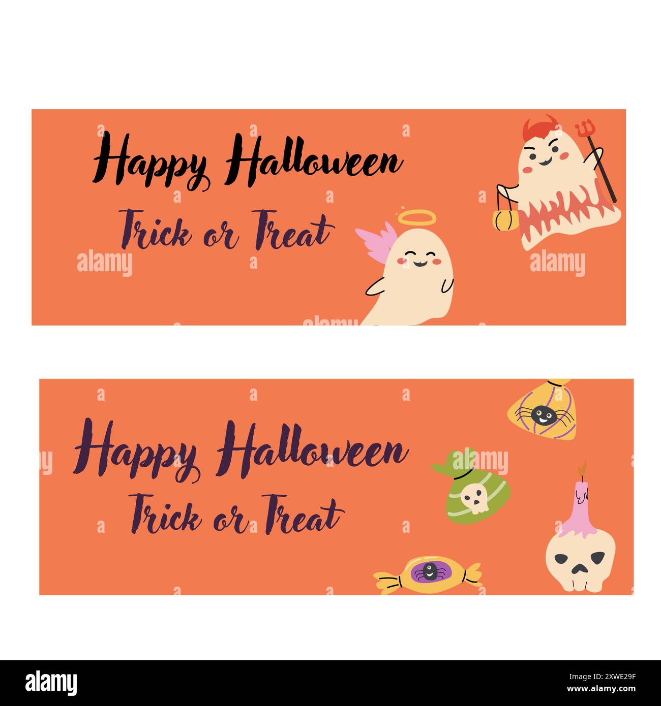 Set di striscioni orizzontali per Halloween. Illustrazioni fantasma per bambini in stile piatto. Buon giorno di Halloween banner vettoriali. Personaggi simpatici e spettrali in un bambino Illustrazione Vettoriale