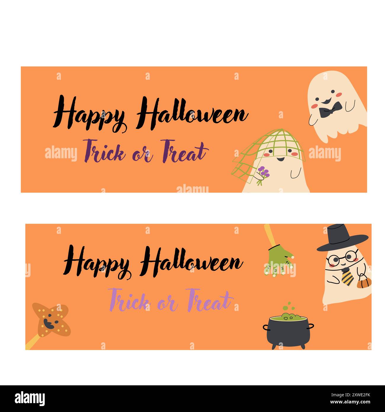 Set di striscioni orizzontali per Halloween. Illustrazioni fantasma per bambini in stile piatto. Buon giorno di Halloween banner vettoriali. Personaggi simpatici e spettrali in un bambino Illustrazione Vettoriale