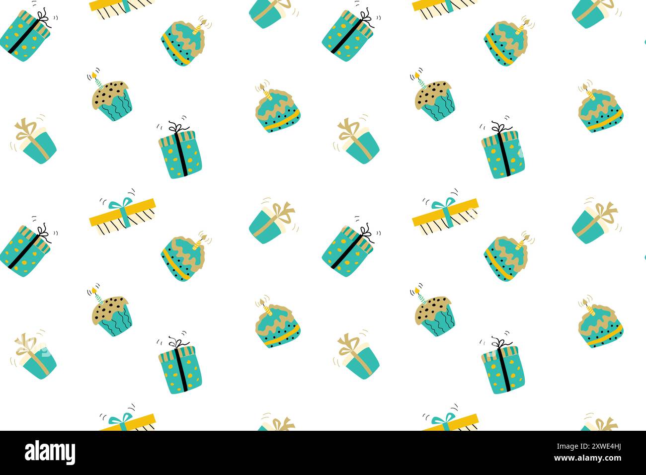 Design per festeggiare il compleanno di Doodle. Motivo perfetto con regali, torte con candele, cappelli da festa. Per carta da imballaggio, biglietti d'auguri e sfondi. Illustrazione Vettoriale