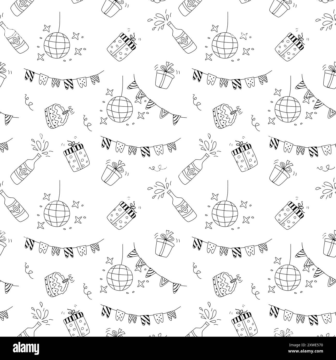 Design per festeggiare il compleanno di Doodle. Motivo perfetto con regali, torte con candele, cappelli da festa. Per carta da imballaggio, biglietti d'auguri e sfondi. Illustrazione Vettoriale