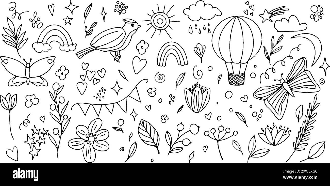 Stravagante disegno in bianco e nero con farfalle, fiori, arcobaleni, uccelli, cuori, stelle e palloncino ad aria calda, perfetti per colorare Illustrazione Vettoriale