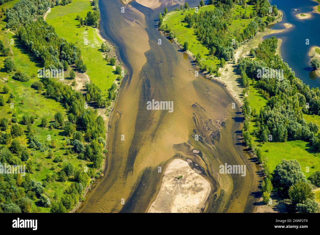 Luftbild, Lippemündungsraum, Renaturierung Fluss Lippe NSG Naturschutzgebiet Lippemündung und Grüner Uferbereich Lippeaue, Flusslauf mit sandbank, Wesel, Ruhrgebiet, Niederrhein, Nordrhein-Westfalen, Deutschland ACHTUNGxMINDESTHONORARx60xEURO *** Vista aerea, estuario di Lippe, rinaturazione del fiume Lippe NSG riserva naturale estuario di Lippe e area della sponda verde pianura alluvionale di Lippe, corso fluviale con banco di sabbia, Wesel, zona della Ruhr, bassa Renania, Renania settentrionale-Vestfalia, Germania ATTENTIONxMINDESTHONORARx60xEURO Foto Stock