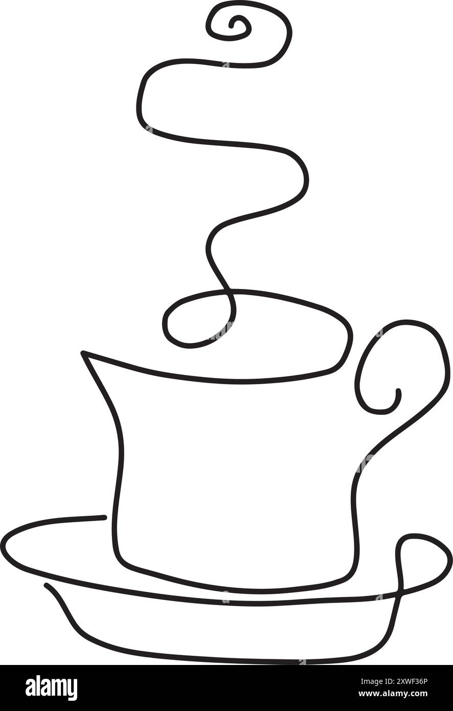 Cospargere la tazza artistica di bevanda calda, una tazza lineare di caffè con vapore. Logo disegnato a mano. Illustrazione vettoriale Illustrazione Vettoriale