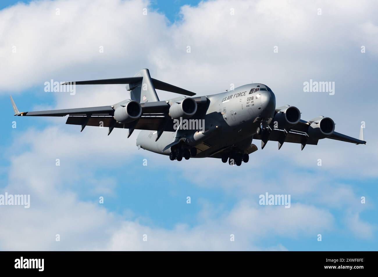 Papa, Ungheria - 14 maggio 2024: Boeing C-17A Globemaster III dell'aeronautica STATUNITENSE presso la base aerea. Volo militare. Aviazione e aerei Foto Stock