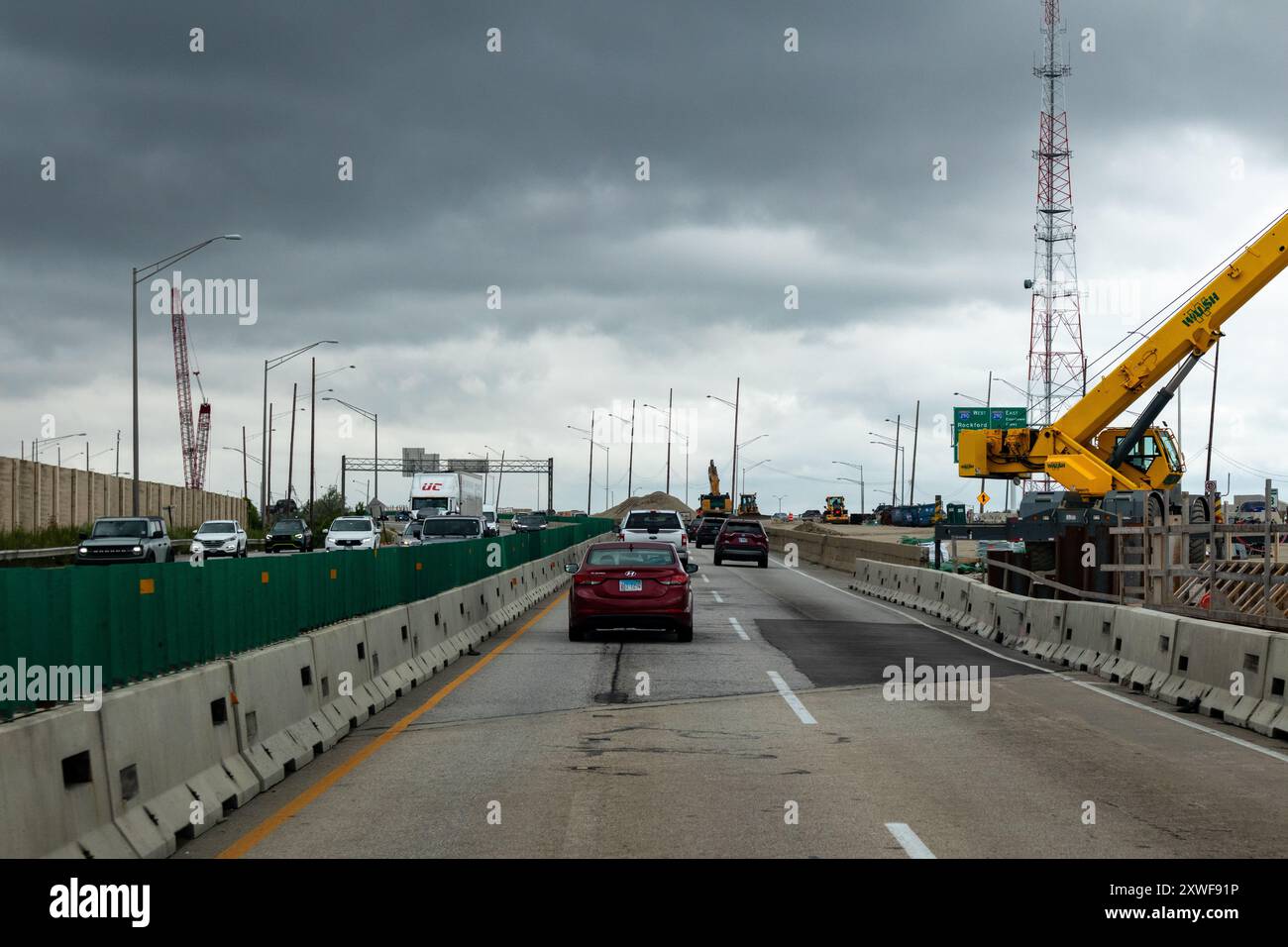 Lavori di costruzione e traffico sulla Chicago Expressway Foto Stock