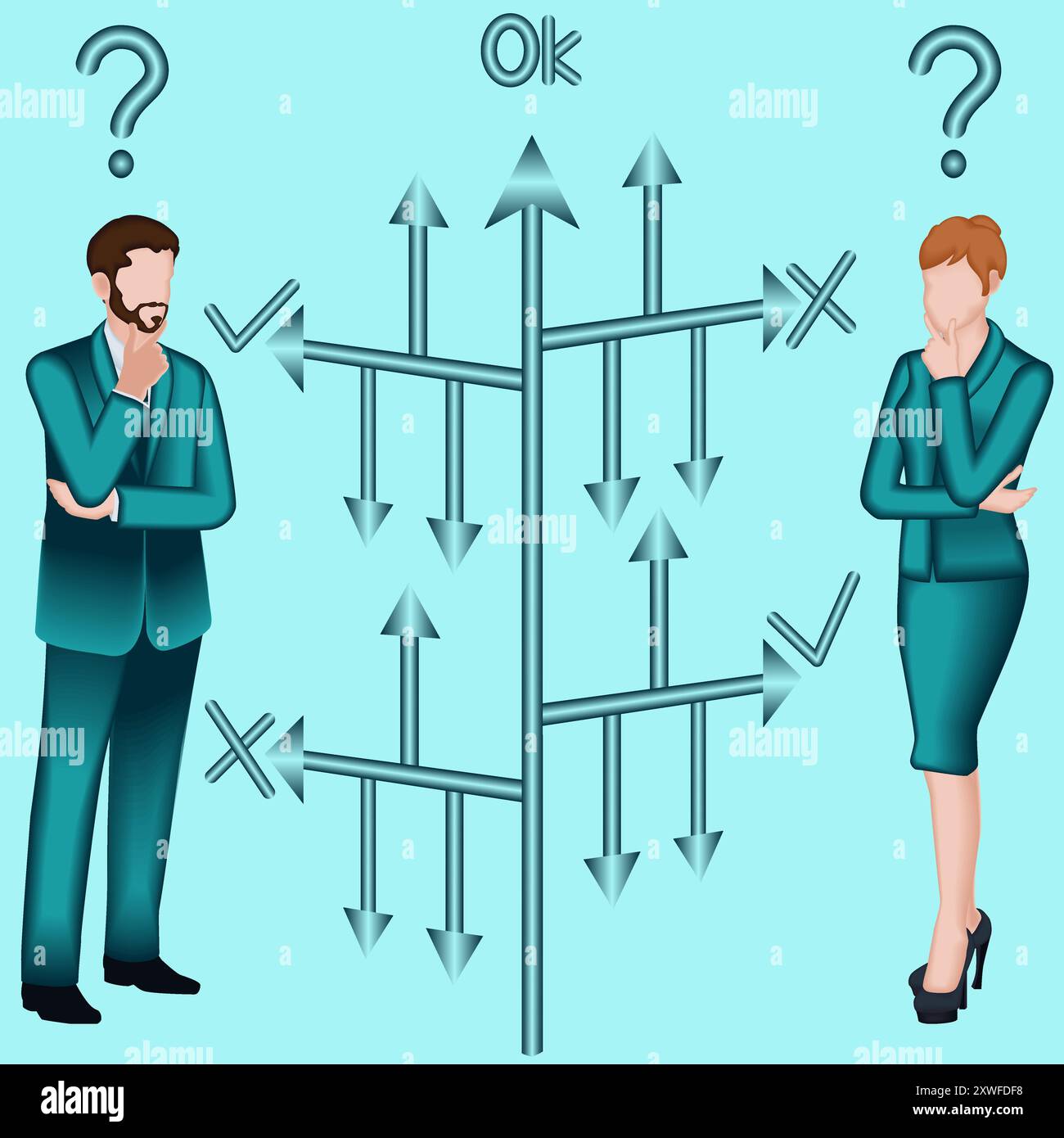 Uomo e donna usano l'albero decisionale per identificare problemi o opportunità nel processo decisionale. Concetto di business. Illustrazione vettoriale 2D. Illustrazione Vettoriale