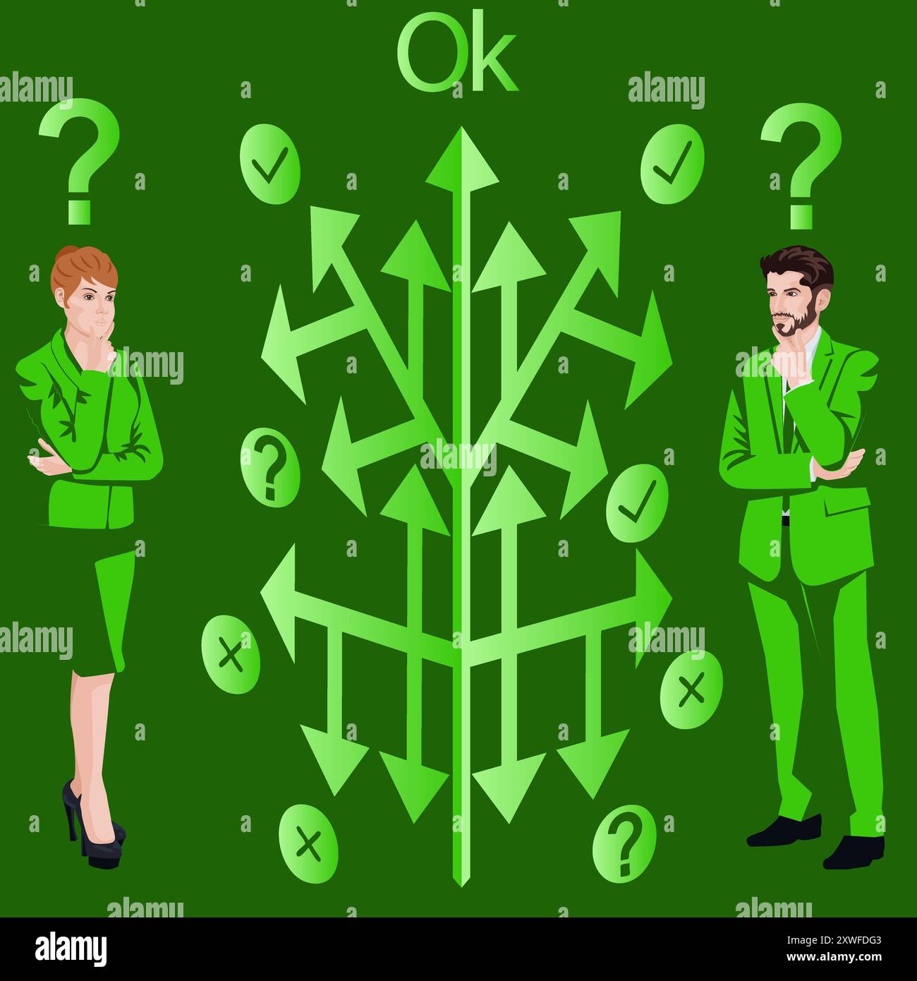 Uomo e donna usano l'albero decisionale per identificare problemi o opportunità nel processo decisionale. Concetto di business. Illustrazione vettoriale piatta. Illustrazione Vettoriale