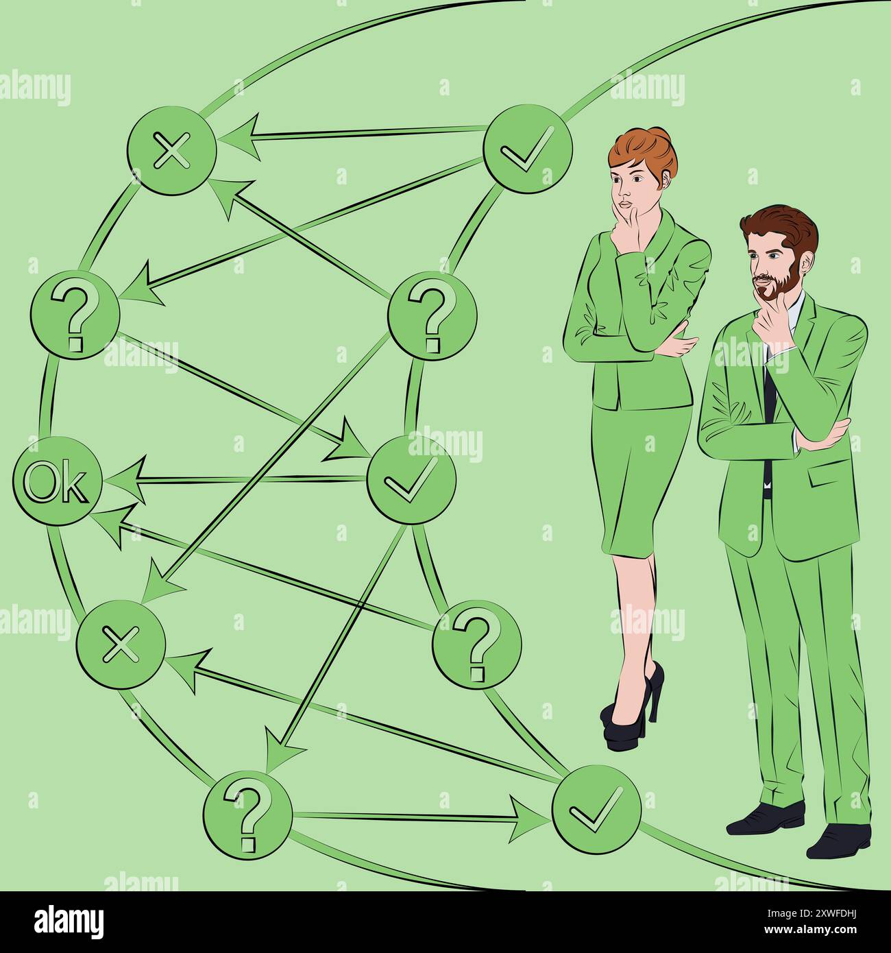 Uomo e donna usano l'albero decisionale per identificare problemi o opportunità nel processo decisionale. Concetto di business. Illustrazione vettoriale. Illustrazione Vettoriale