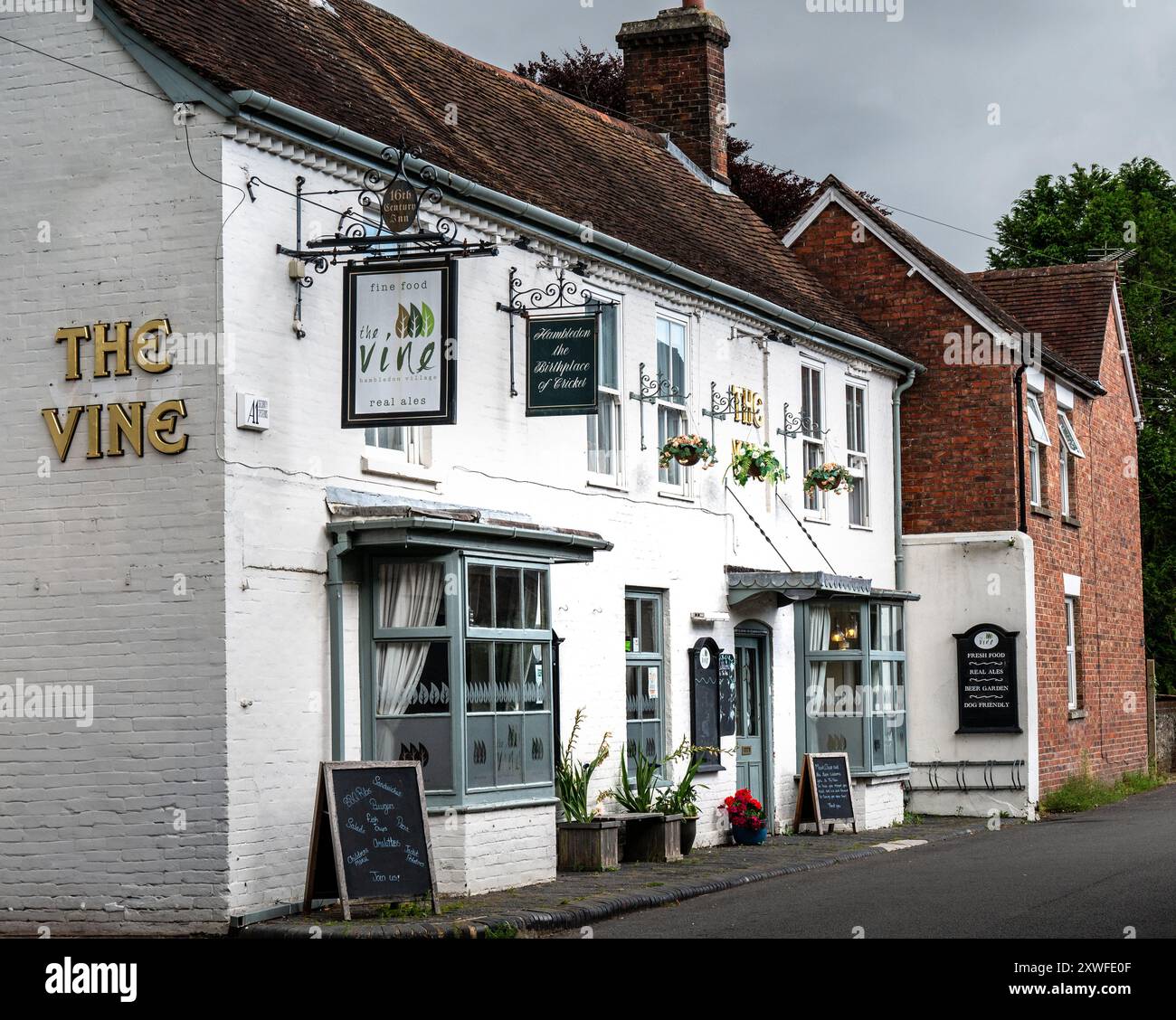 The Vine è un delizioso pub nel cuore della pittoresca Hambledon, Hampshire Foto Stock