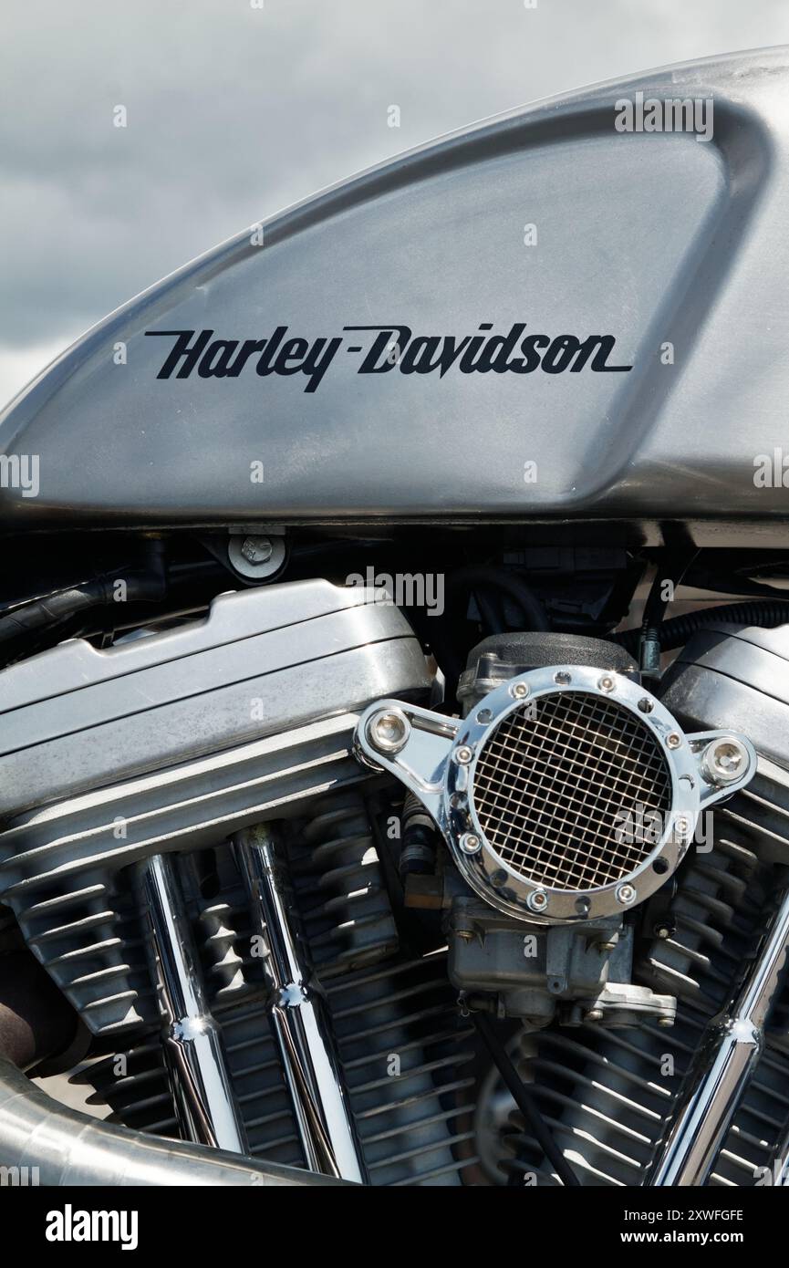 Dettaglio di un serbatoio di gas in alluminio e testata di Una motocicletta Harley Davidson, Regno Unito Foto Stock