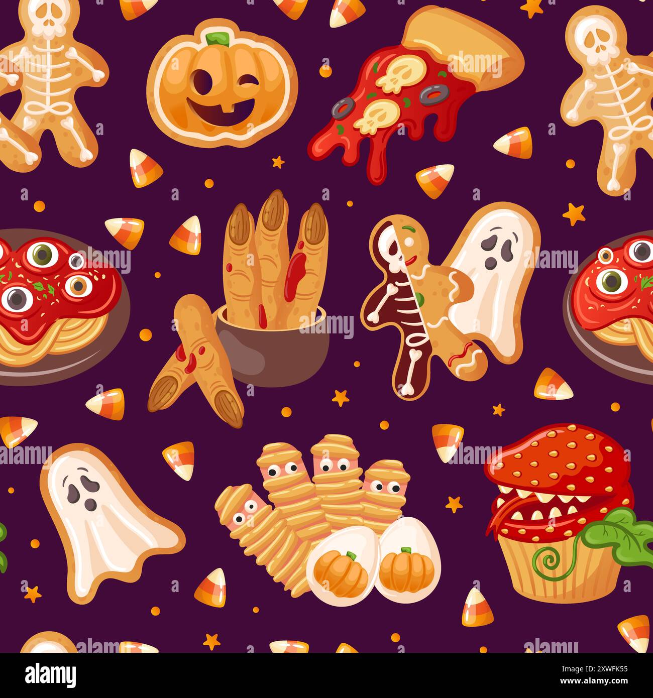 Un motivo vibrante con dolcetti a tema Halloween e fantasmi giocosi, perfetto per le feste Illustrazione Vettoriale