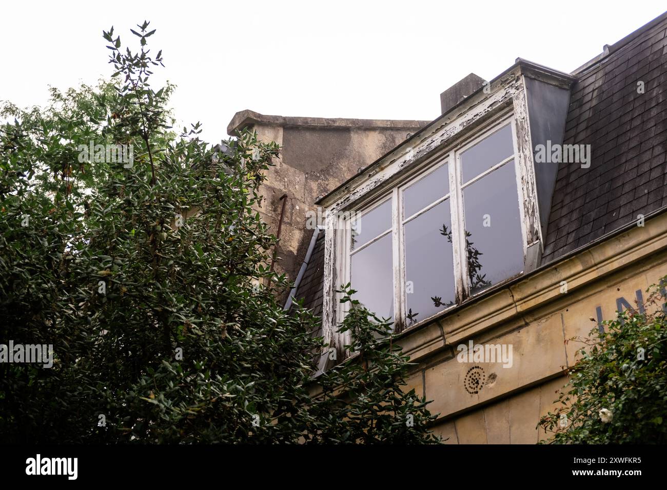 Vecchio edificio rustico con cespugli ricoperti e finestre che riflettono gli alberi. Foto Stock