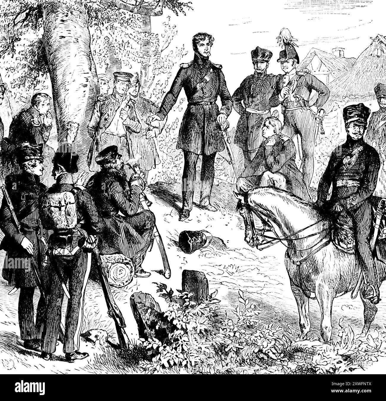 Carl Theodor Körner consegna la sua canzone patriottica di battaglia agli abitanti di Lützow, Battaglia di Lützow 1813, illustrazione storica 1882, Foto Stock