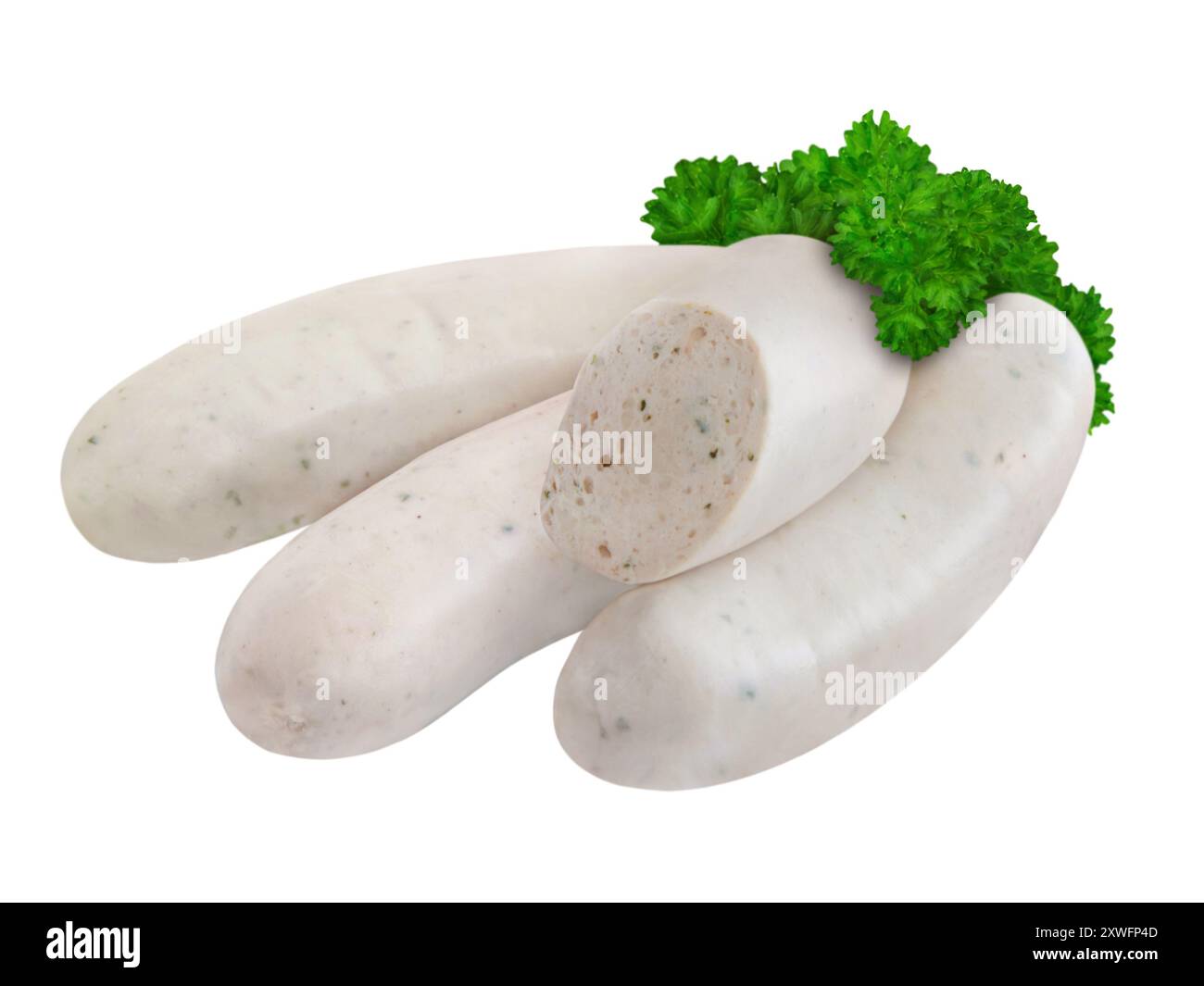 Salsicce bianche bavaresi isolate su sfondo bianco Foto Stock
