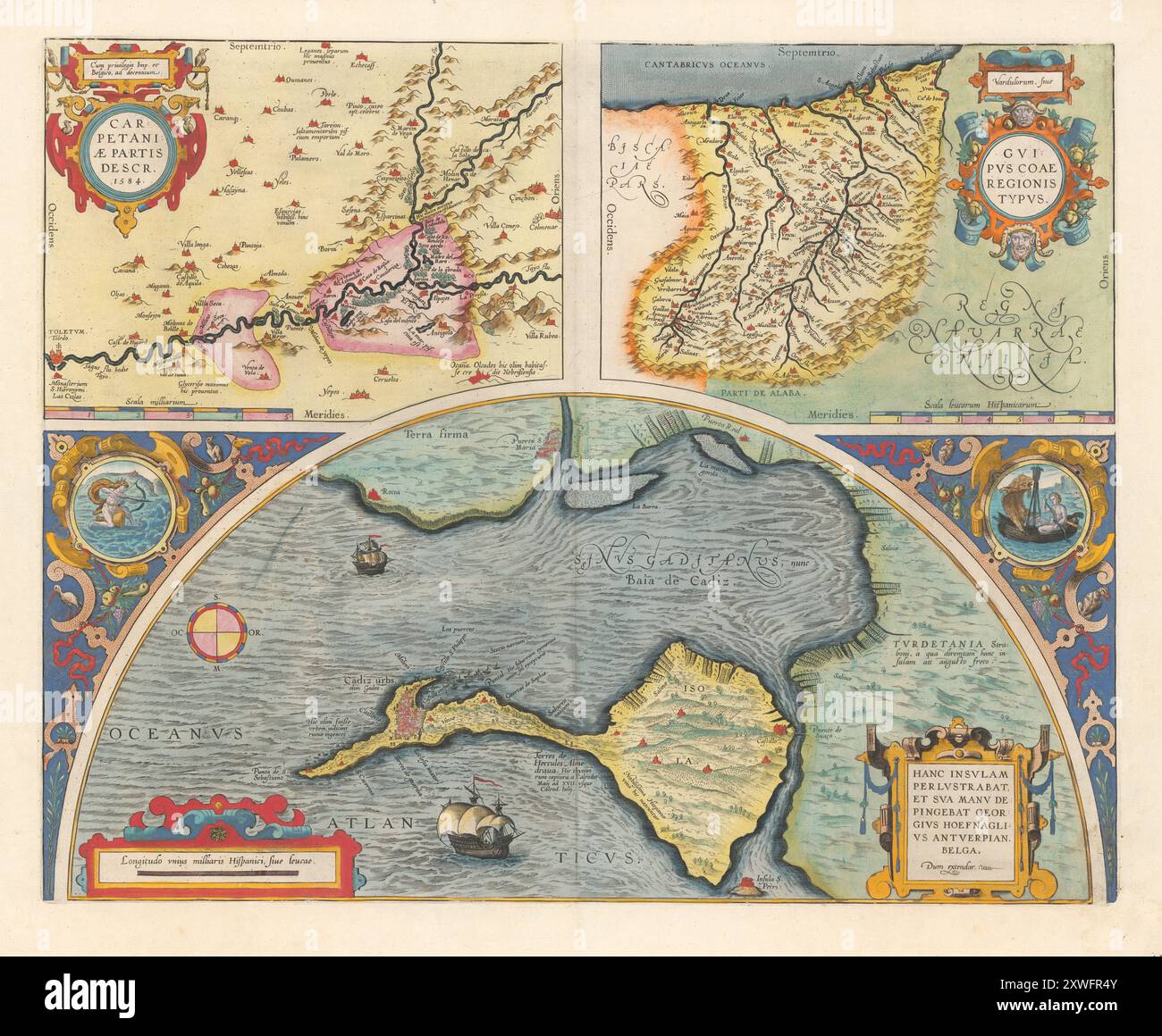 Mappa pittorica d'epoca. Mappe di Carpetania, di Gipuzkoa (Paesi Baschi) e di Cadice di Abraham Ortelius, 1608 Foto Stock