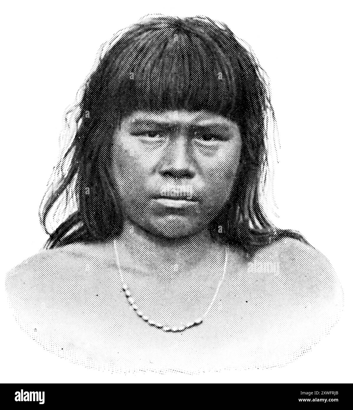 Popoli americani. Ritratto della donna Guaycuru. I Guaycuru sono gruppi etnici indigeni del Gran Chaco, Sud America. Pubblicazione della "Meyers encyclopedia", Vol. 7, Lipsia, Germania, 1910. Foto Stock