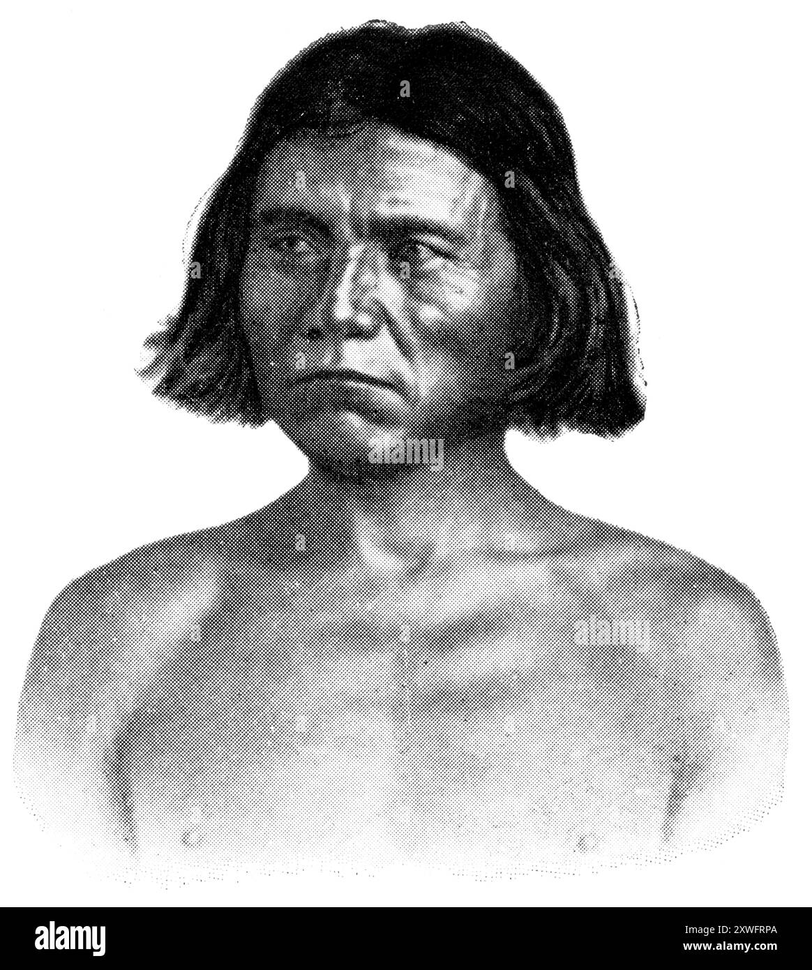 Popoli americani. Ritratto di Apache. Gli Apache sono popoli del sud-ovest, delle pianure meridionali e del Messico settentrionale, Stati Uniti d'America. Pubblicazione della "Meyers encyclopedia", Vol. 7, Lipsia, Germania, 1910. Foto Stock