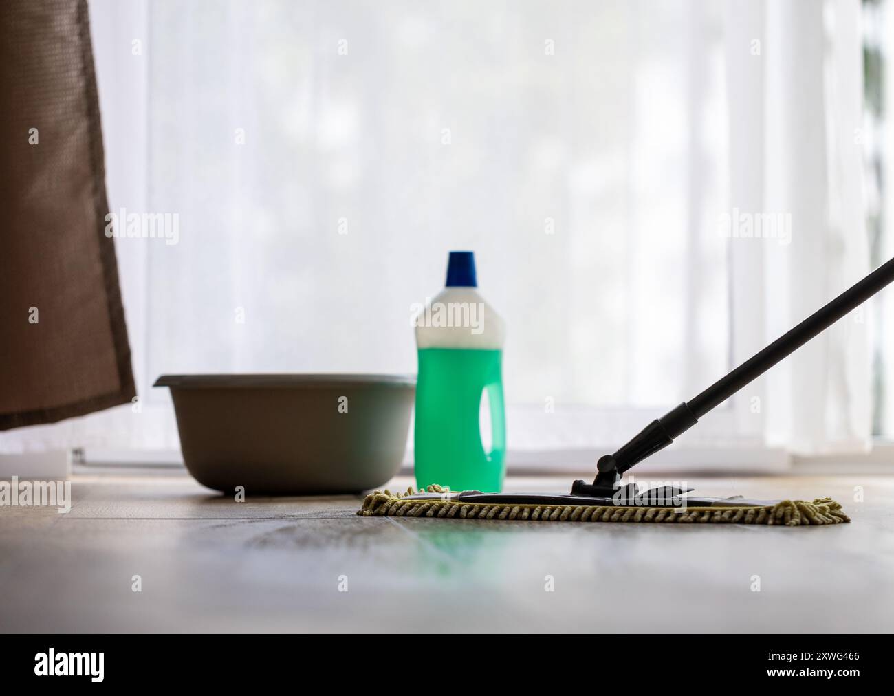 bottiglia e mocio detergente, pulizia del pavimento e concetto di compiti Foto Stock
