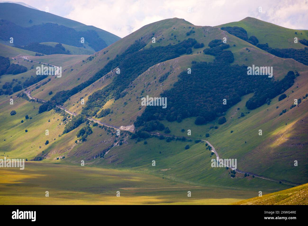 Paesaggio dell'altopiano di Castelluccio di Norcia durante la fioritura annuale, in una giornata estiva soleggiata e nuvolosa nel giugno 2024 Foto Stock