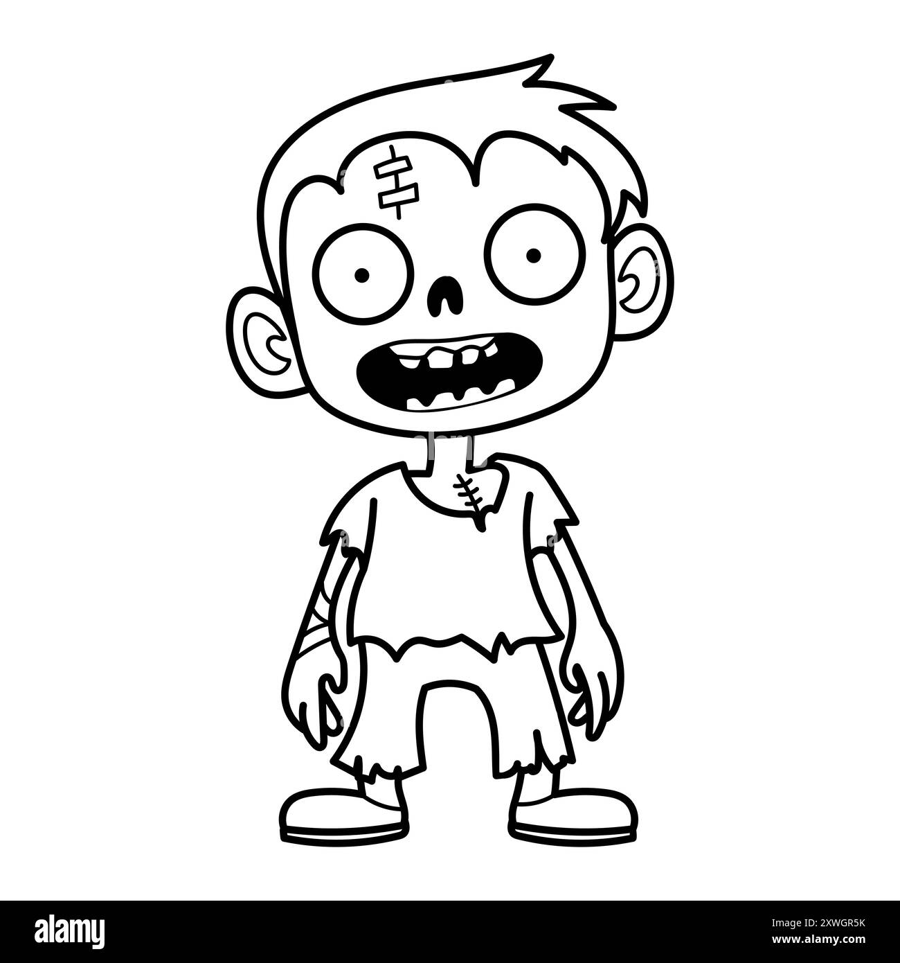 Illustrazione vettoriale di uno zombie a cartoni animati, ideale per progetti di Halloween, libri da colorare per bambini o disegni spaventosi Illustrazione Vettoriale