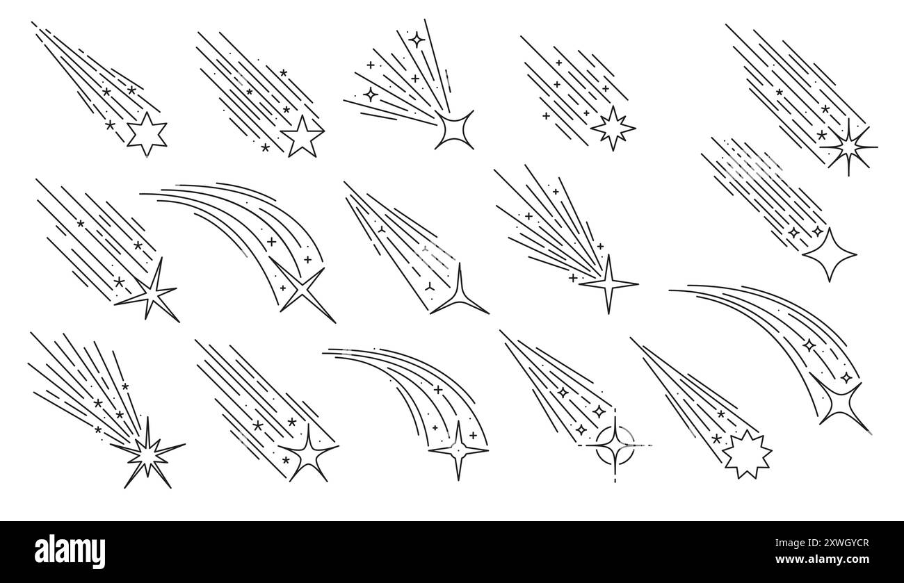Doodle che sparano stelle, comete spaziali e meteore nel cielo notturno con le icone vettoriali delle tracce di luce. Stelle cadenti disegnate a mano, pioggia di meteoriti della galassia dell'universo, brividi magici con code scintillanti e scintille Illustrazione Vettoriale