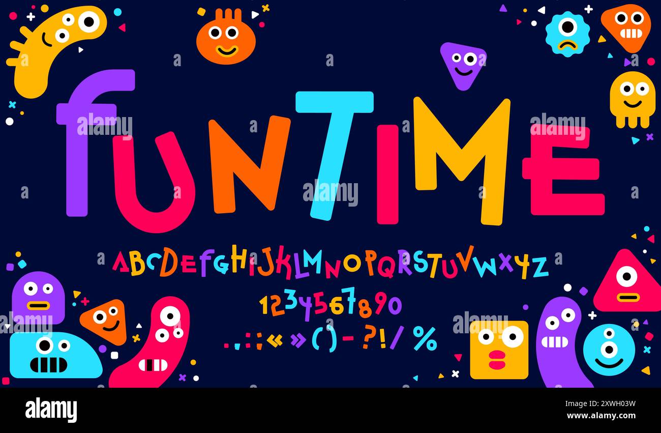 Carattere divertente e carino, carattere comico, tipo di gioco per bambini, alfabeto inglese infantile creativo con personaggi mostri a colori dei cartoni animati. Caratteri stravaganti per lettere e numeri, simpatici personaggi e simboli abc Illustrazione Vettoriale