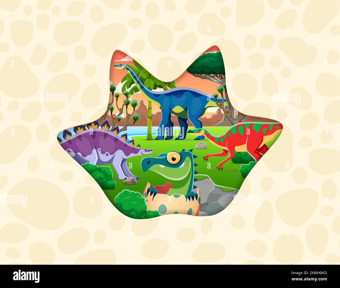 Forma tagliata in carta con impronte di dinosauro con lucertole giurassiche e dinosauro cartoni animati preistorici, striscione vettoriale per bambini. Simpatico e simpatico dinosauro cartoni animati che si schiude dall'uovo in un'impronta di dinosauro tagliata in carta nella giungla Illustrazione Vettoriale