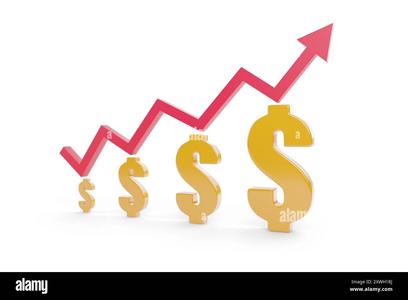 Freccia di crescita con segni del dollaro isolati su sfondo blu. Illustrazione 3D. Foto Stock