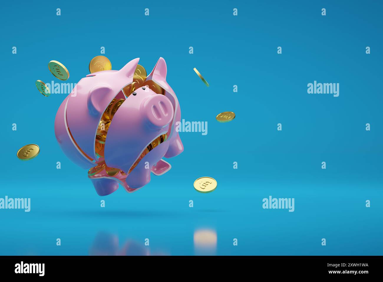 Salvadanaio rotto pieno di monete in euro isolato su sfondo blu. illustrazione 3d. Foto Stock