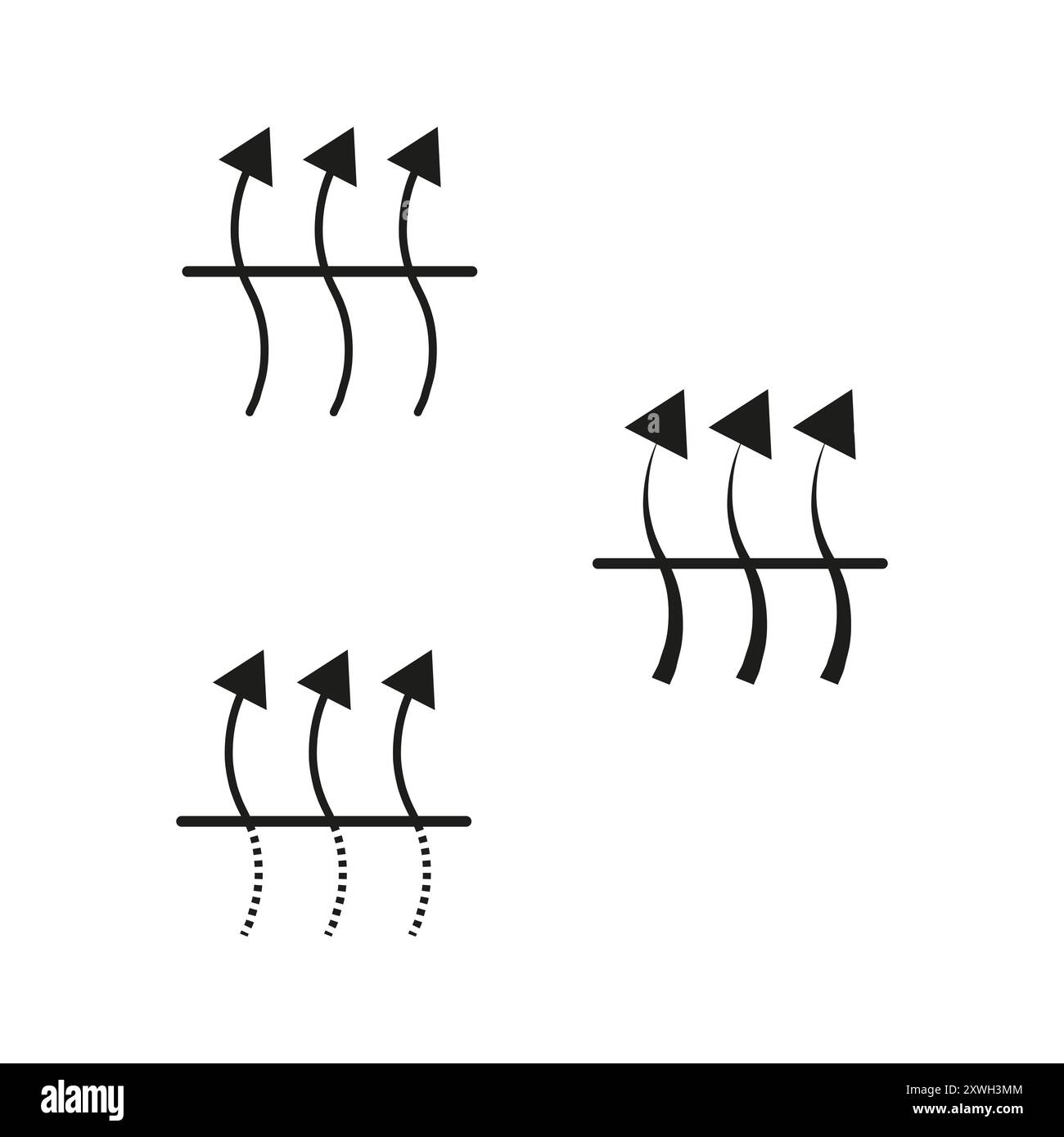 Icone in tessuto traspirante. Simboli freccia del flusso d'aria. Informazioni sulle frecce di ventilazione. Grafica semplice vettoriale. Illustrazione Vettoriale