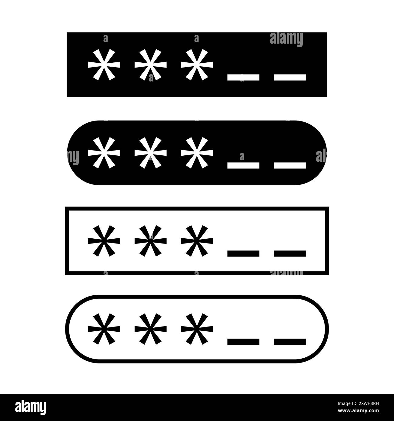 Icone di immissione della password. Simbolo dei caratteri nascosti. Campo di immissione di sicurezza. Design piatto vettoriale. Illustrazione Vettoriale